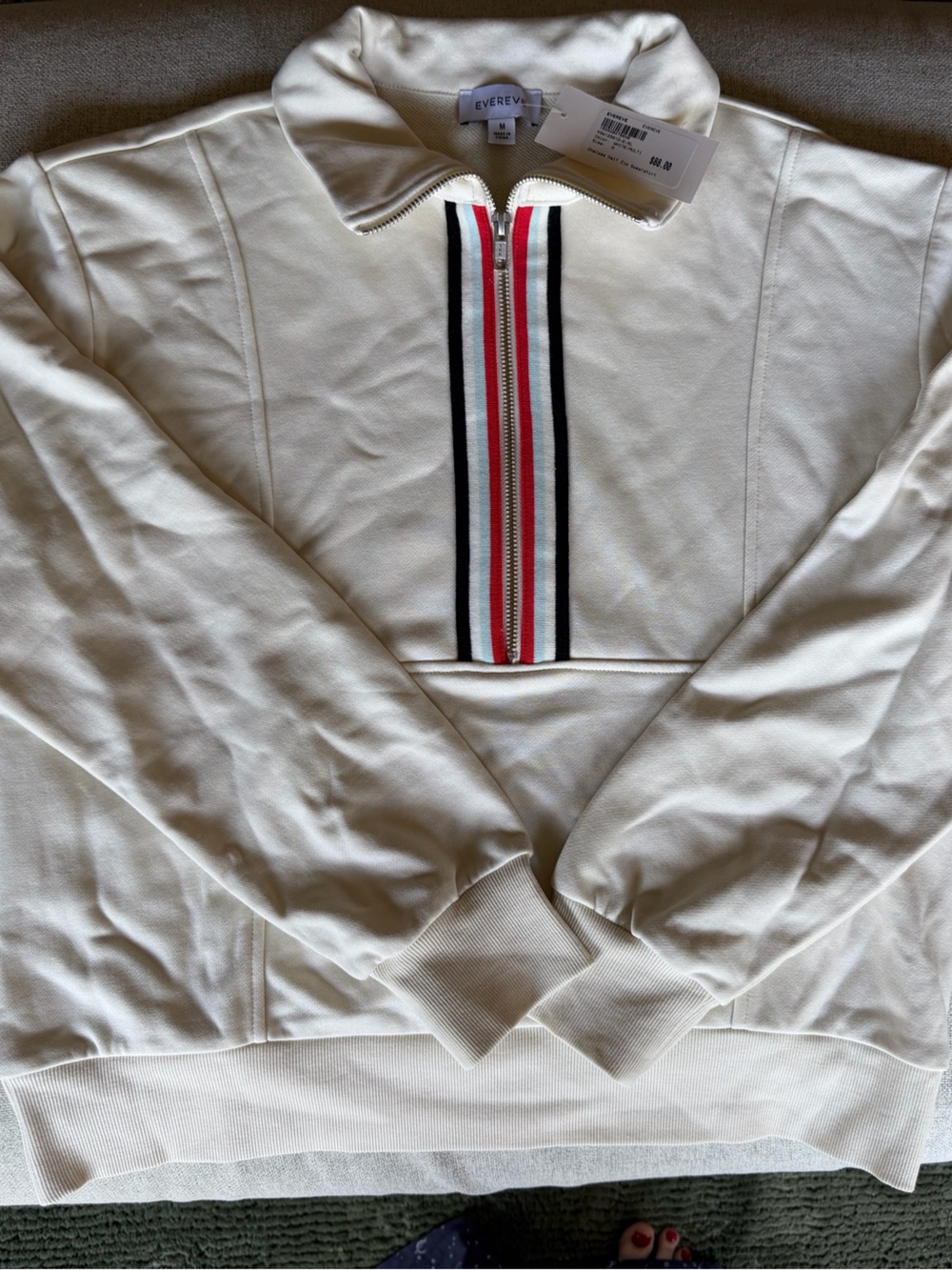Evereve Cream Half-Zip Pullover with Red, Black & Navy Stripes